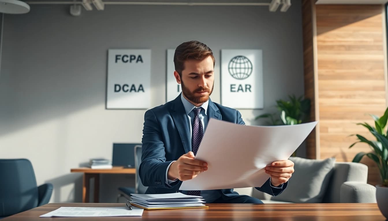 Ensure FCPA/DCAA/Flowdown/ITAR/EAR compliance through expert consulting in a modern office.