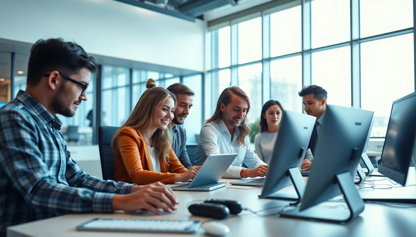 Emphasizing Technology, a diverse team collaborates in a sleek office setting with modern gadgets.