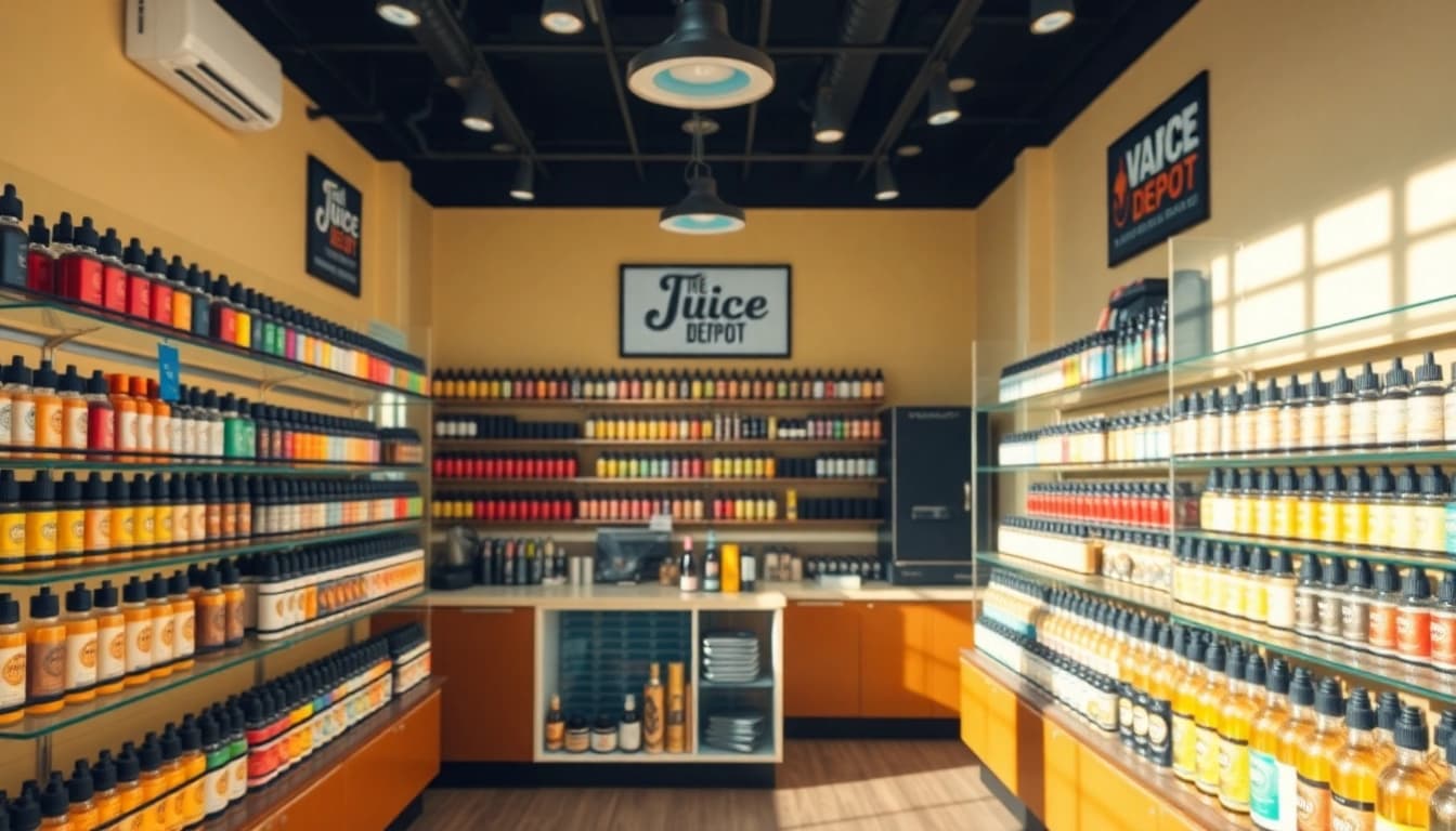 Explore a vibrant display of Vape Juice Depot products in a well-lit vape shop.