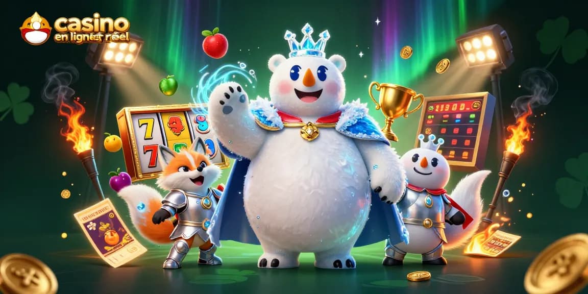 Jouez à des jeux de casino en ligne argent réel avec le roi des glaces et un renard en armure dans cette illustration dynamique.