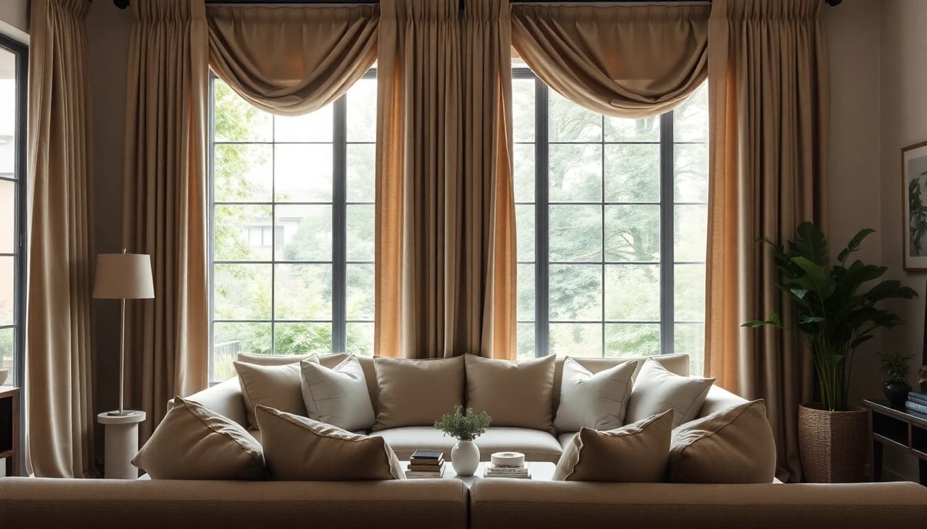 Verduisterende gordijnen in een stijlvolle woonkamer met een uitnodigende sfeer.