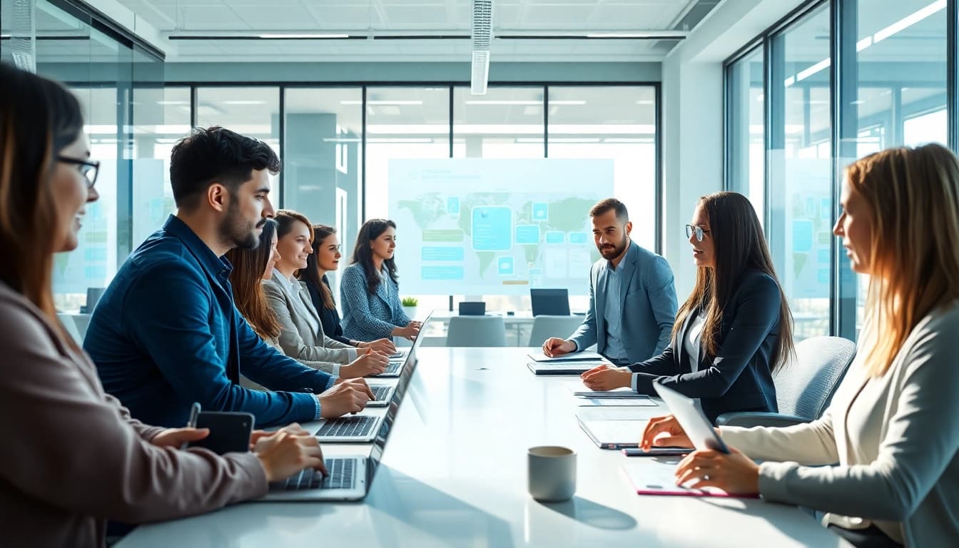 Showcase an AI assistant for enterprise teams facilitating collaboration, highlighting teamwork in a modern office setting.