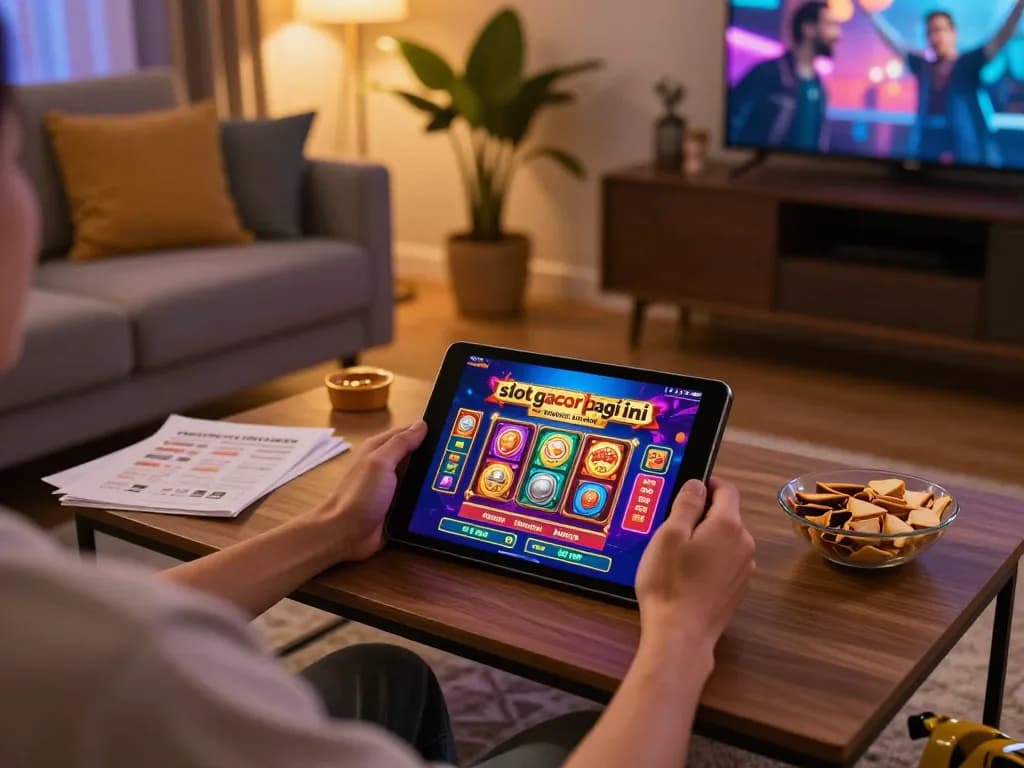 Playing online slot gacor pagi ini on a tablet in a cozy home setup, with snacks and strategy notes visible.