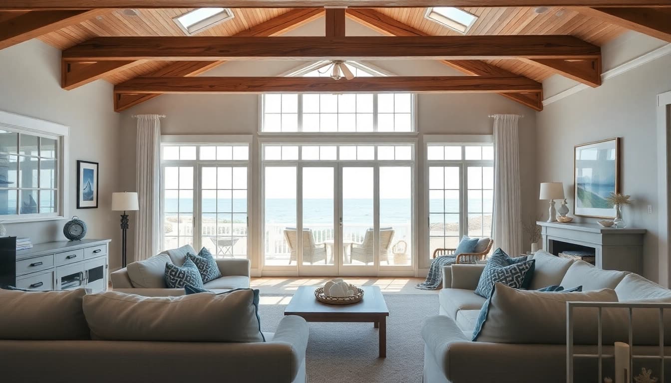 Showcasing a stylish cape cod home interior with large windows and coastal decor.