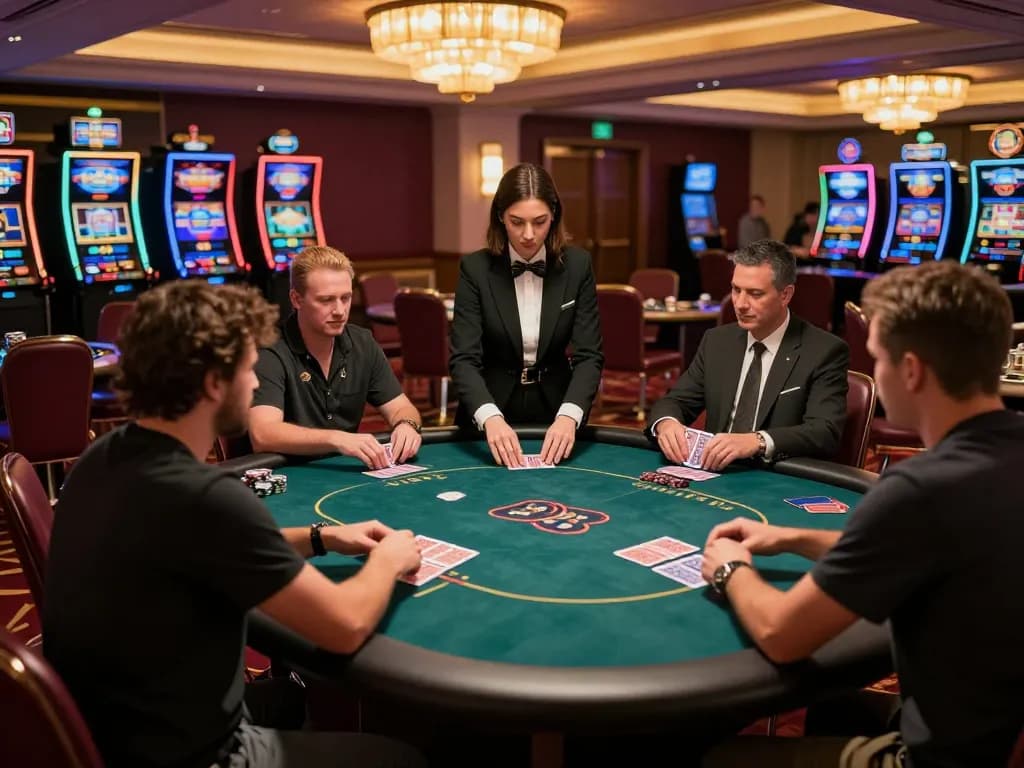Players enjoying dynamic poker games at FUN79 casino, illuminated by elegant chandelier lighting.