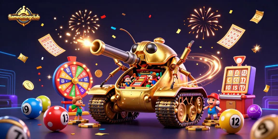 Join flamediningclub in an exciting 3D casino adventure filled with vibrant lottery elements.