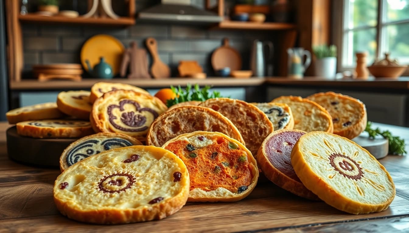 Kaasdoek in verschillende ontwerpen en kleuren op een houten tafel met een gezellige sfeer.