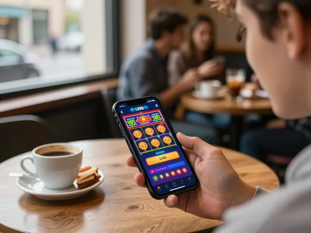 Using the LV88 app to play vibrant slot games in a cozy café setting, showcasing mobile gaming excitement.