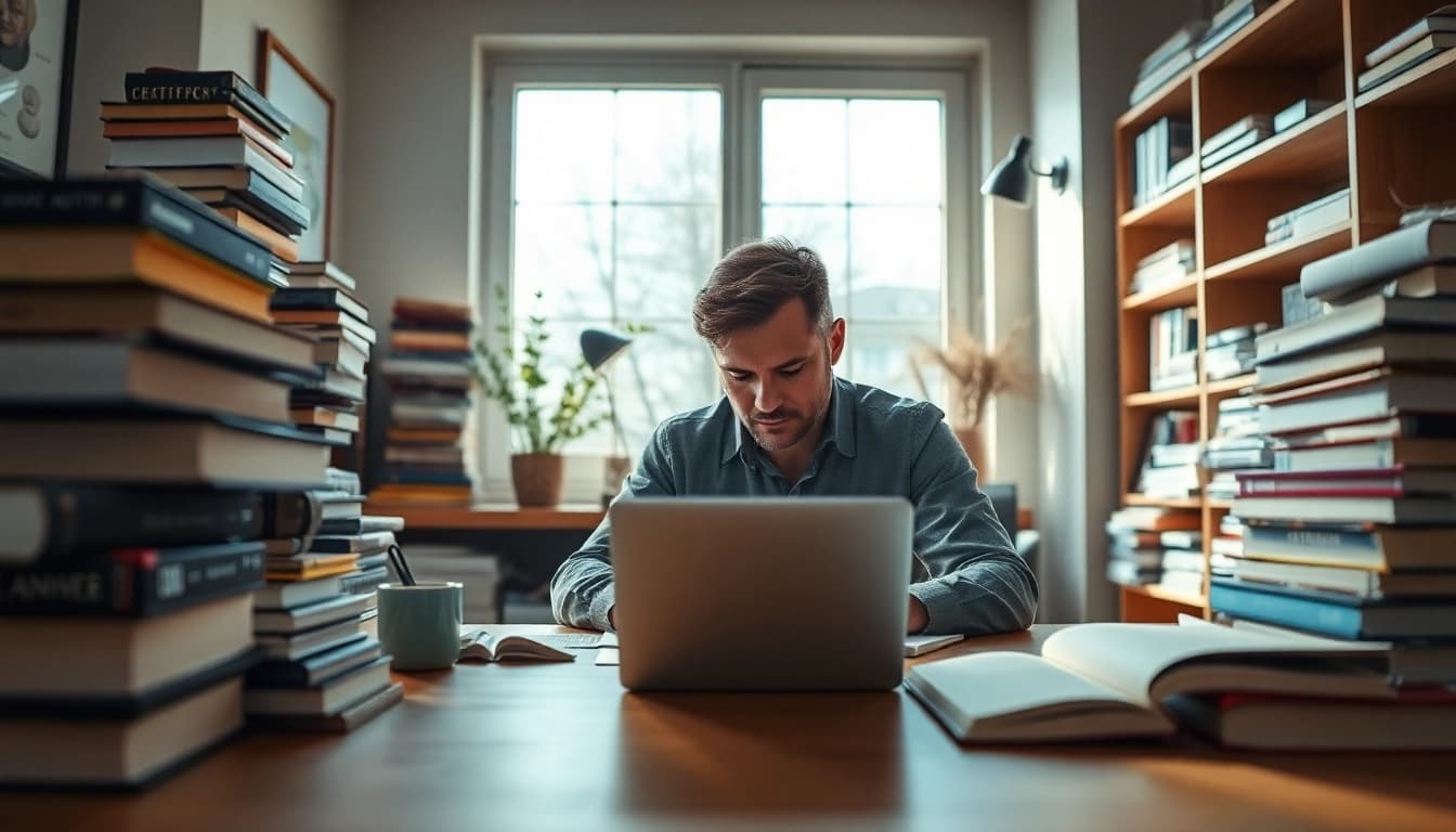 Author focuses on writing in a serene home office, surrounded by books and natural light.