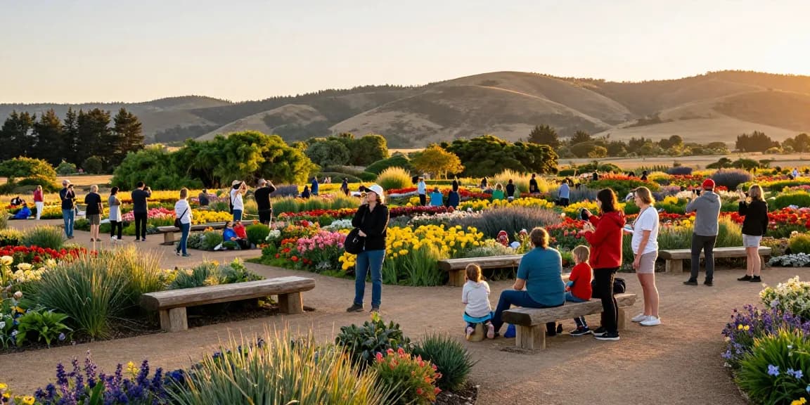 Tourists enjoying the vibrant flowers at https://www.thecapayvalleygardentour.com during golden hour.