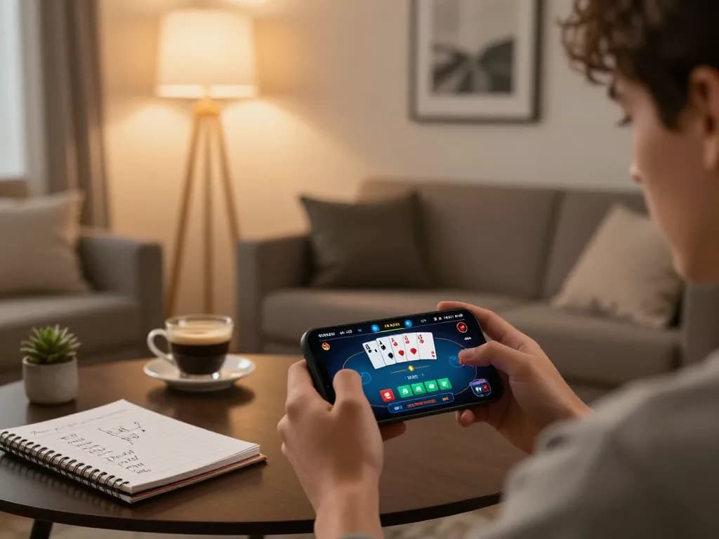 Engaging online poker game at home showing FAFA 828 mobile app interface with player strategy notes.