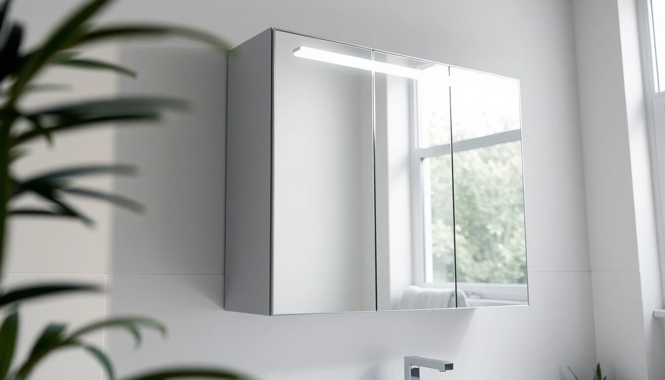 Reflective mirrored bathroom cabinet with light enhancing modern bathroom aesthetics.