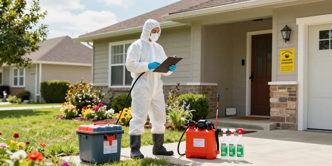 Professional pest control services technician inspecting a home with eco-friendly equipment in a sunny garden.