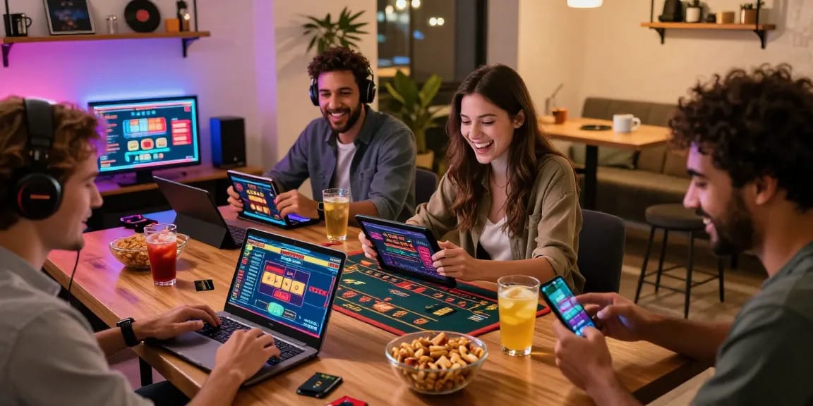Players enjoying games on various devices, highlighting credit card friendly casinos with excitement and community ambiance.