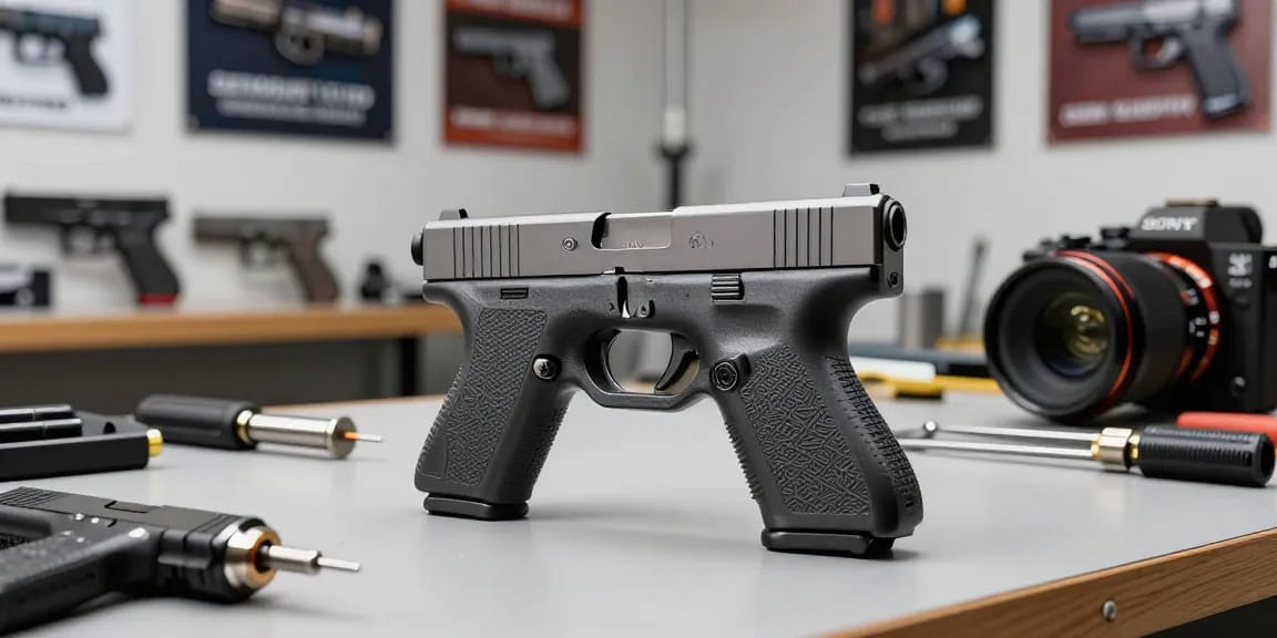 Custom Glock slides at https://precisionglockslides.com crafted by skilled gunsmith in bright workshop.