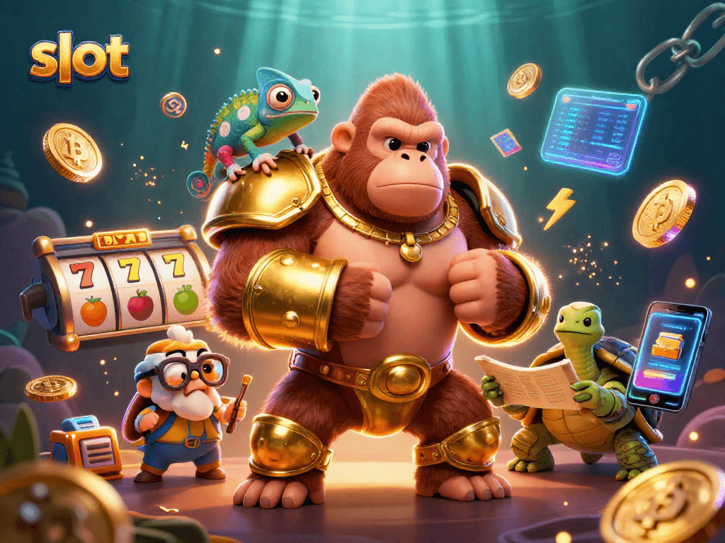 Spin the slot reels with the gorilla king and his allies in a vibrant casino adventure.