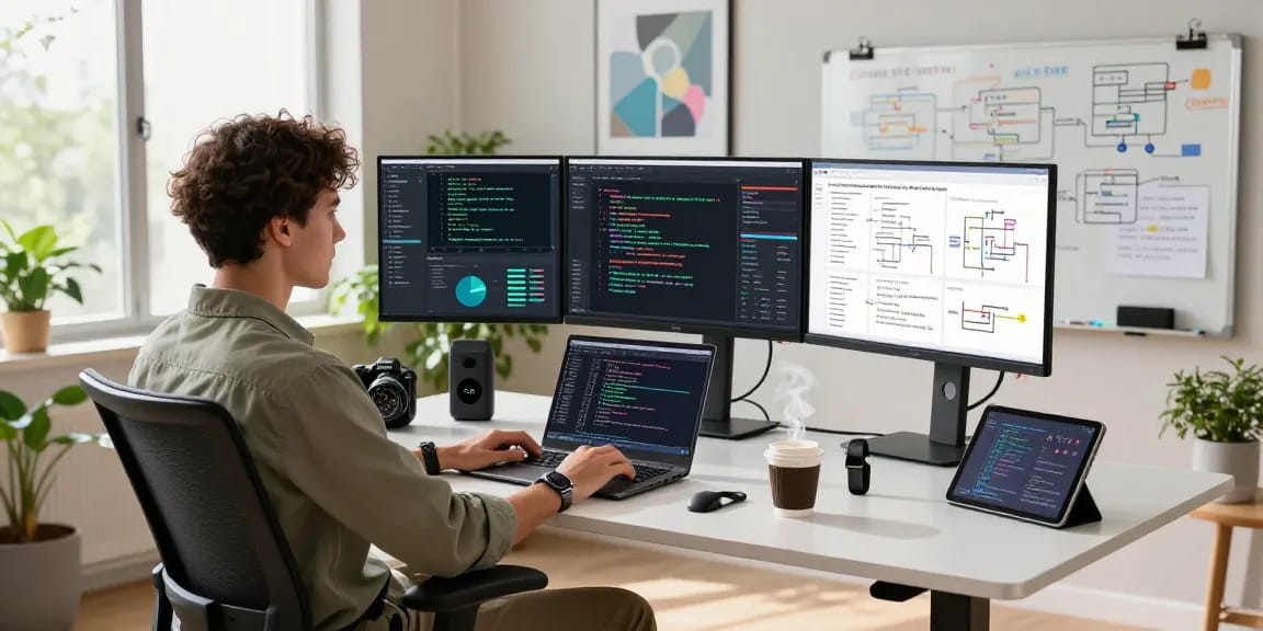 Engaged software engineer developing crush ai algorithms in a modern workspace with multiple screens.