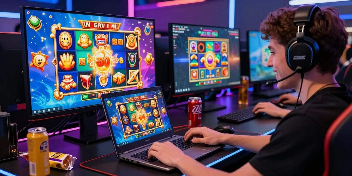 Exciting online slot gaming with colorful graphics and active community interaction on a laptop.