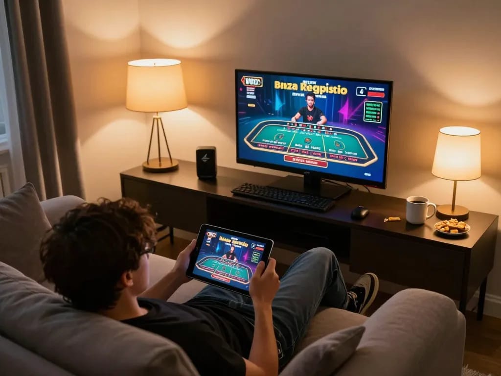 Engaging in casino senza registrazione gaming on a tablet from a cozy home environment, showcasing a live dealer game interface