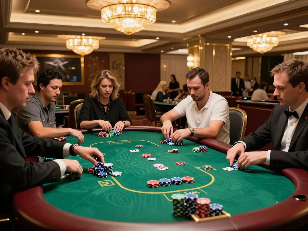 Engaged players at casino stranieri che accettano italiani, enjoying competitive poker at an elegant table.