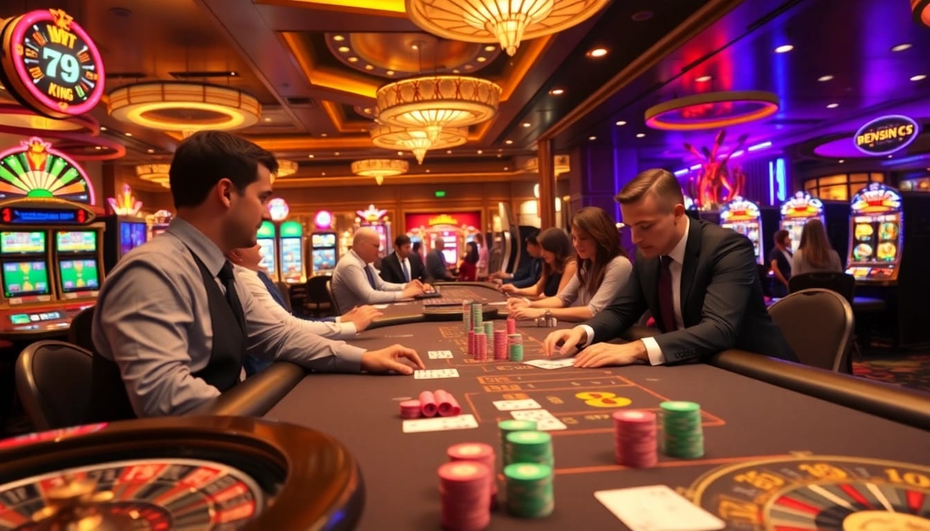 Experience the excitement of 79 king at a vibrant casino table bustling with action.