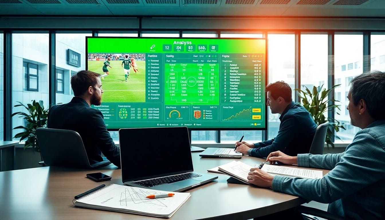 Analyze ทีเด็ดบอล match statistics in a professional office setting with dynamic visuals and vibrant colors.