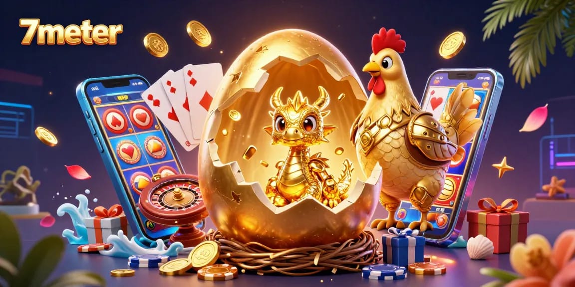 Experience the thrill of 7meter betting with a golden dragon and poker chips in this vibrant illustration.