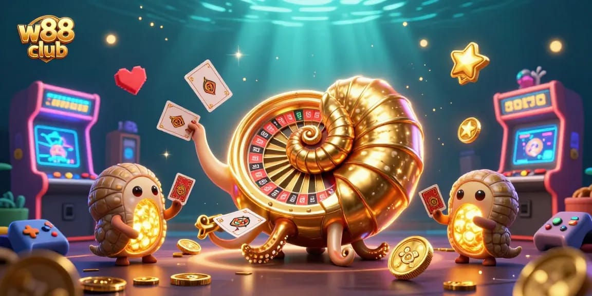 Chơi game tại w88 club với nautilus khổng lồ và các máy chơi game trong môi trường sống động.