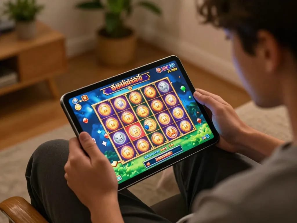 Engaging in สล็อตวอเลท gameplay on a tablet in a cozy home setting, showcasing strategic online gaming.