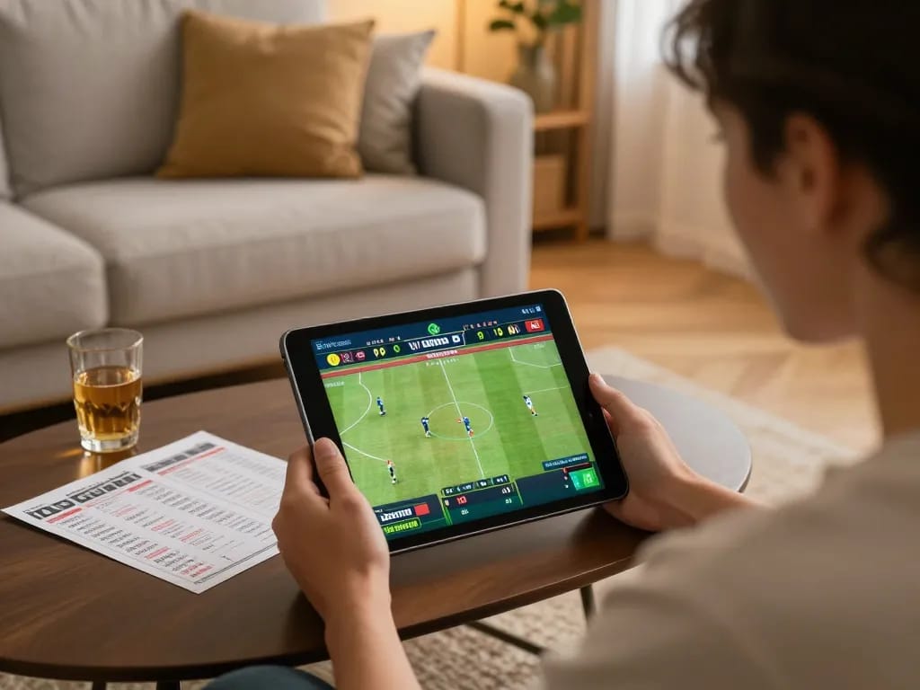 Engaging in online betting with migliori siti scommesse stranieri on a tablet in a cozy living room.