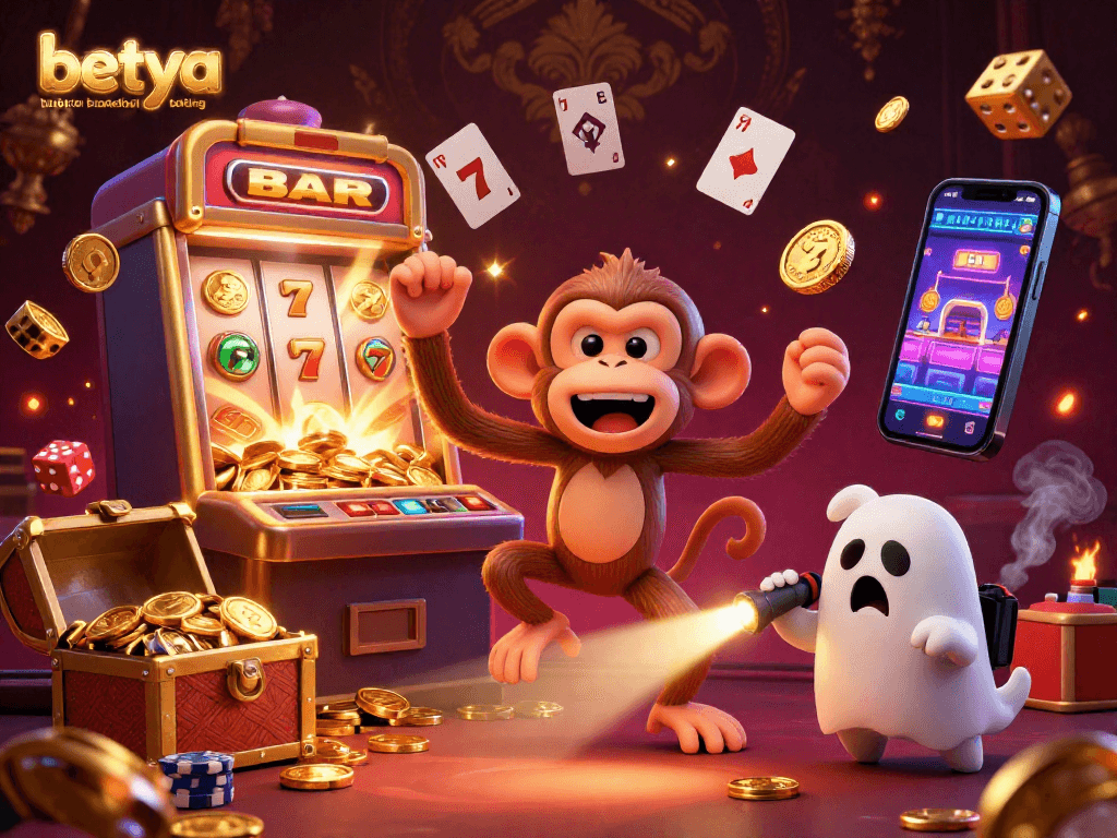 Engage with betya basketball betting in a vibrant 3D scene featuring a playful monkey and a curious puppy in a haunted casino.
