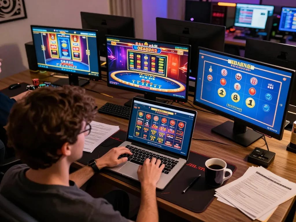 Engaged player exploring casino online stranieri on multiple screens from a cozy home setup