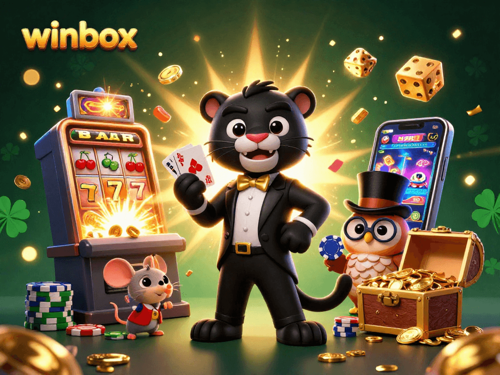 Winbox showcases a black panther dealer, an owl with poker chips, and a lucky mouse amid casino excitement.