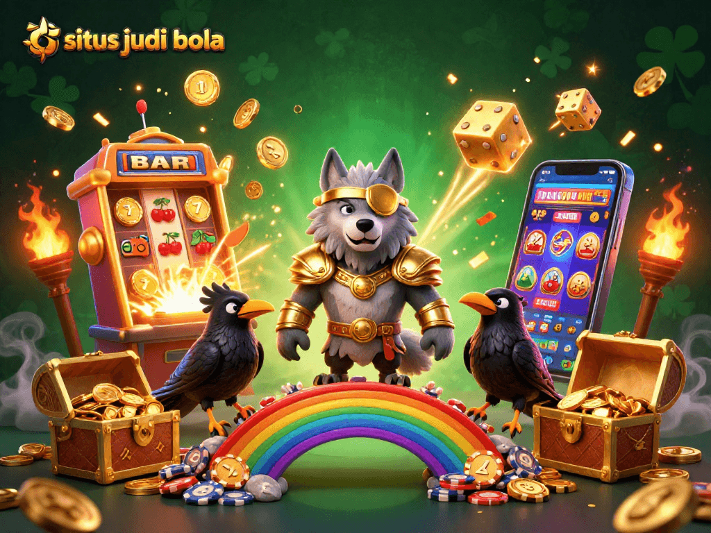 Engage with situs judi bola as Odin and two ravens celebrate a jackpot explosion amidst casino elements.