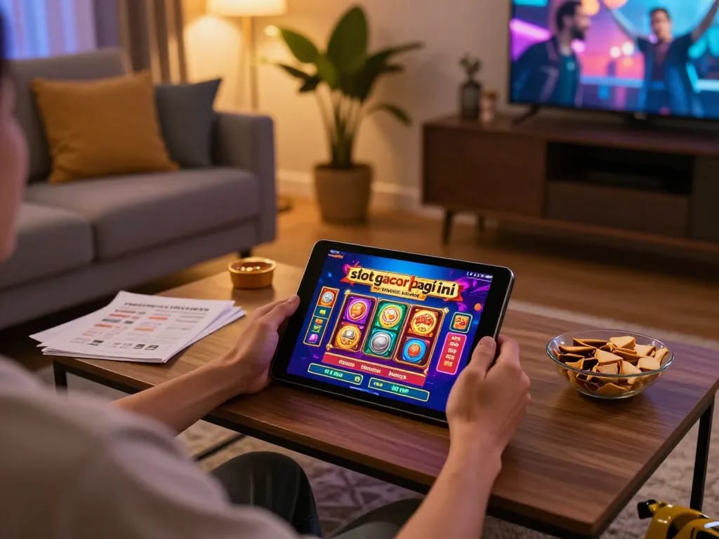 Playing online slot gacor pagi ini on a tablet in a cozy home setup, with snacks and strategy notes visible.