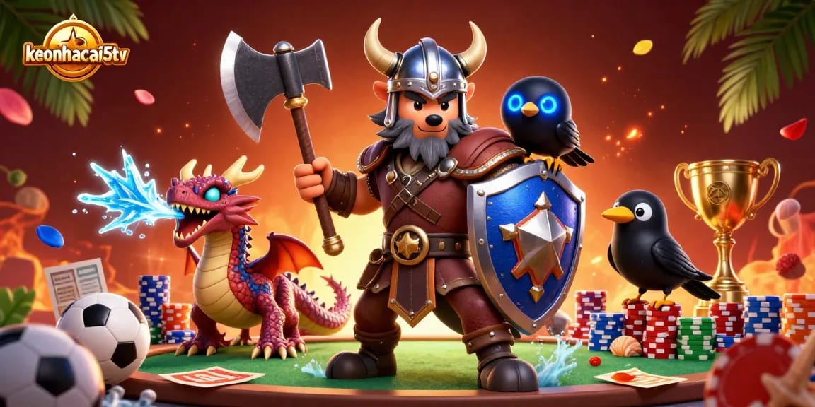Experience thrilling sports betting with keonhacai5tv's dynamic Viking warrior scene filled with action and energy.