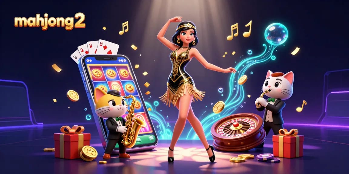 Engage with Mahjong 2 action as a flapper dances surrounded by themed casino elements.