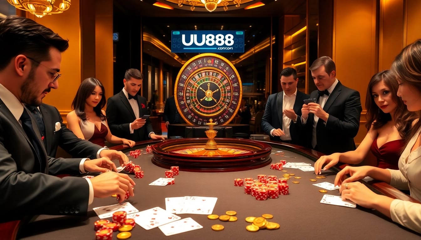 Dynamic casino environment showcasing UU88 com with vibrant games and professional gamblers.