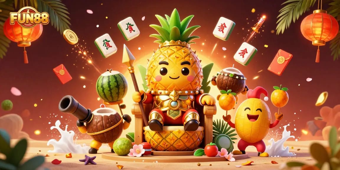 Experience the vibrant FUN88 casino scene with a cartoon pineapple king and lively gambling elements!