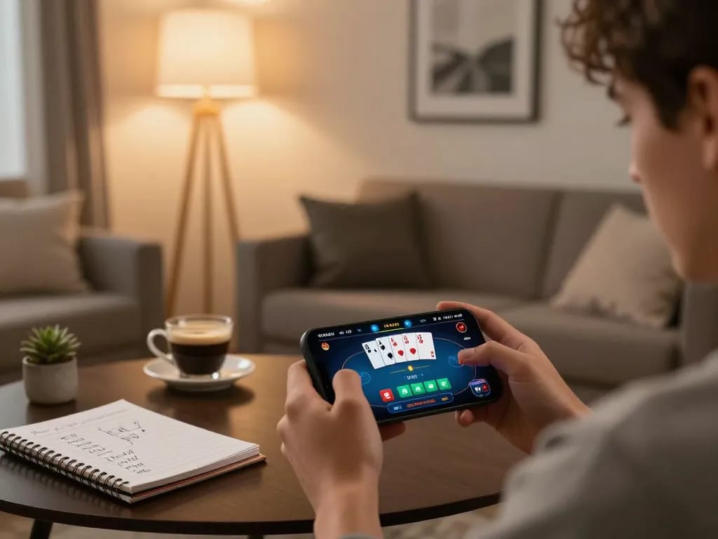 Engaging online poker game at home showing FAFA 828 mobile app interface with player strategy notes.