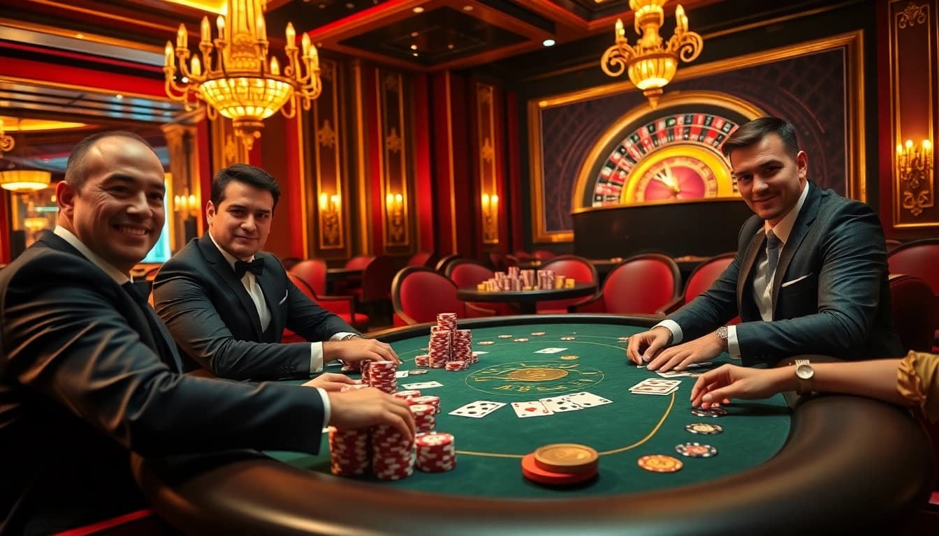 Engaging players strategizing at the ABC8 poker table under vibrant casino lights.