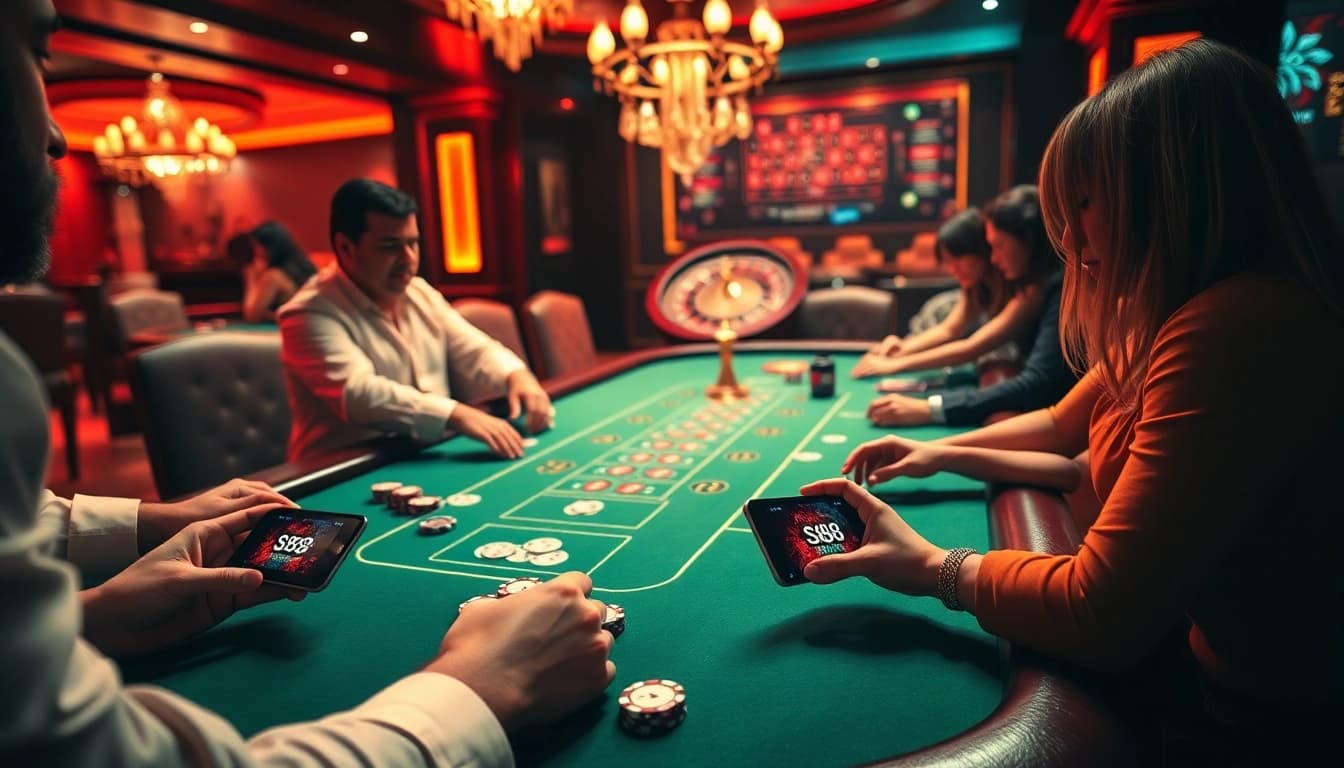 Players engaged in intense gameplay at an s88 bet casino poker table, highlighting excitement and luxury.