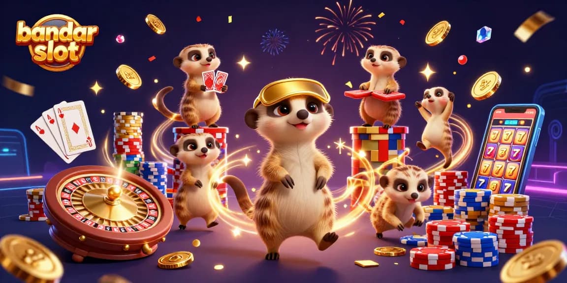 Experience excitement at bandar slot with animated meerkats in a vibrant casino scene