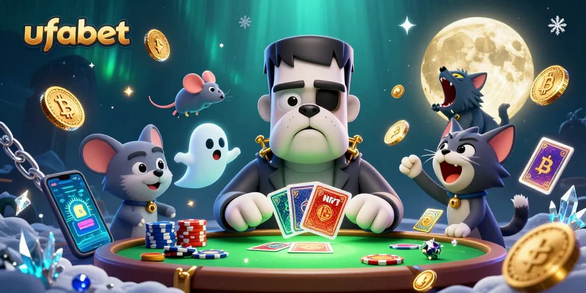 Engage with ufabet's lively casino atmosphere through a thrilling 3D illustration of a monstrous dealer, showcasing vibrant crypto elements and captivating game dynamics.