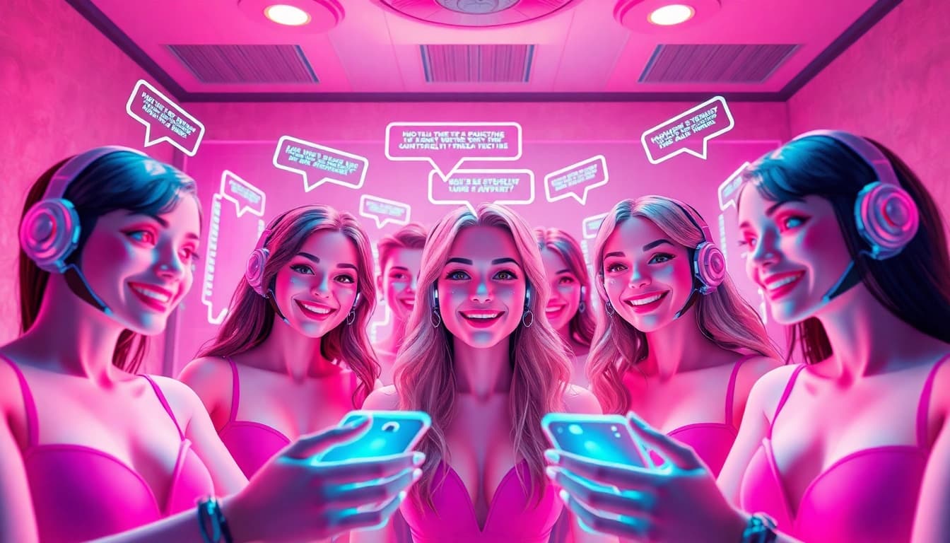 Interactive scene with sex chat AI avatars in a playful, intimate digital environment.