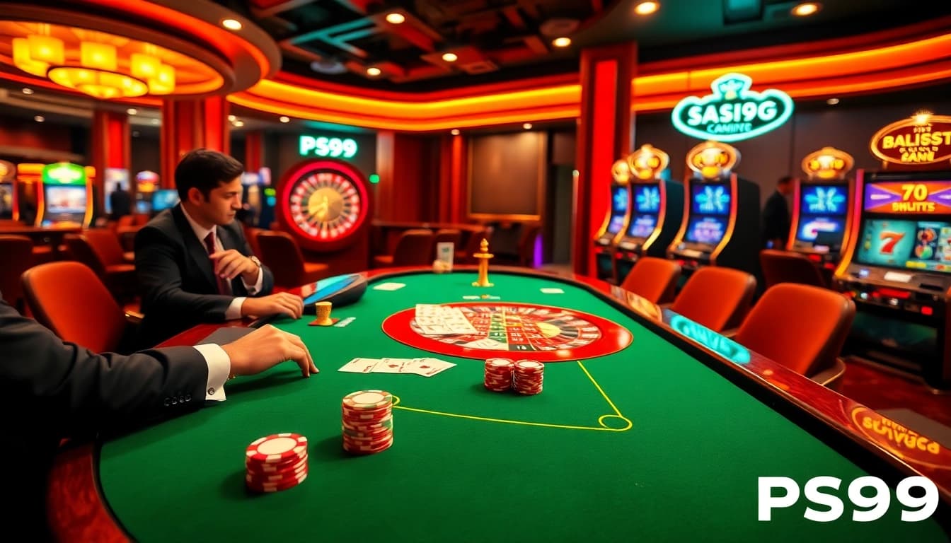 Experience thrilling gameplay with PS99 at a luxurious poker table surrounded by vibrant casino elements.