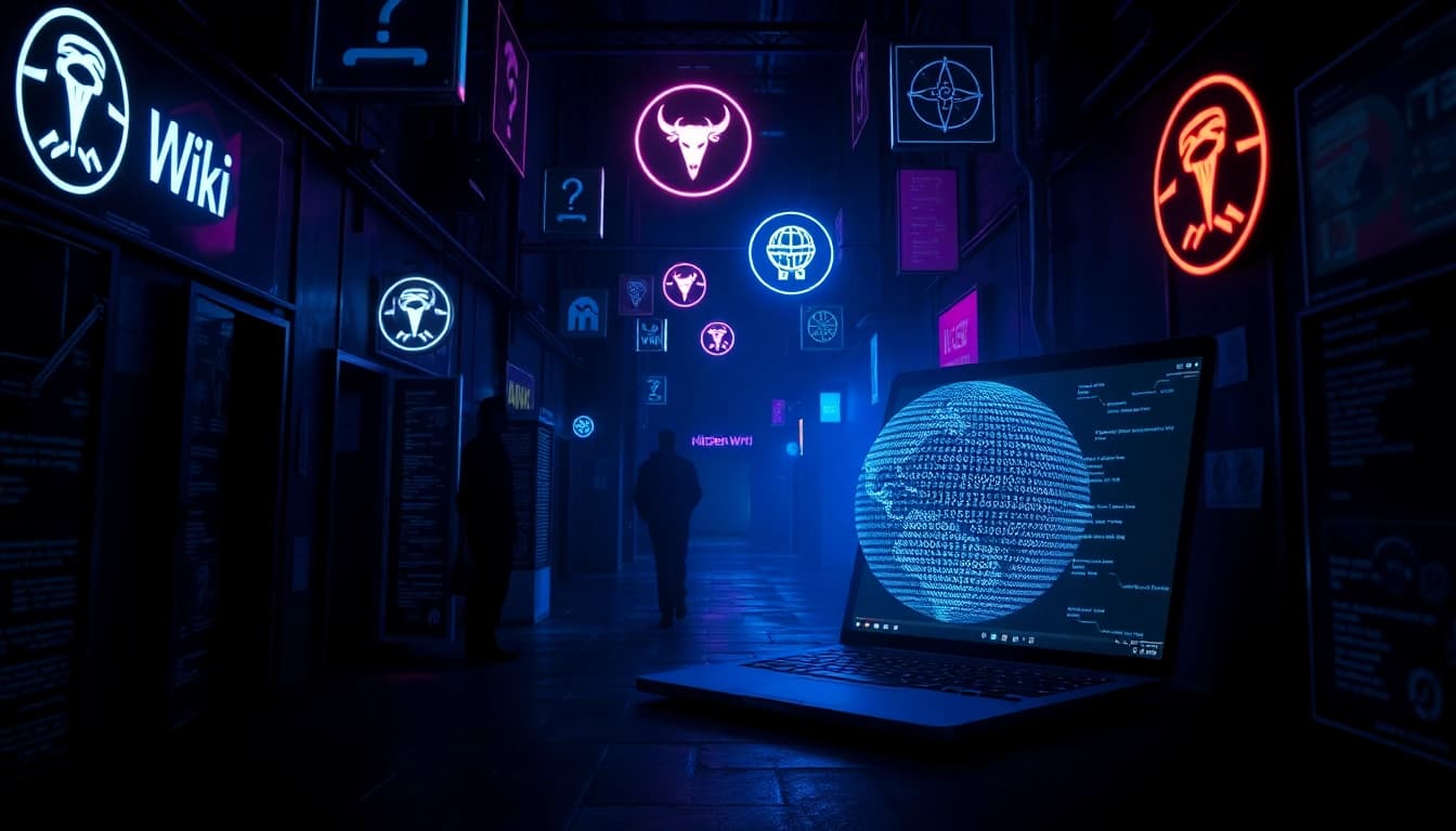 Explore the hidden wiki dark web through an intriguing digital representation of a mysterious alley, showcasing anonymity and technology.