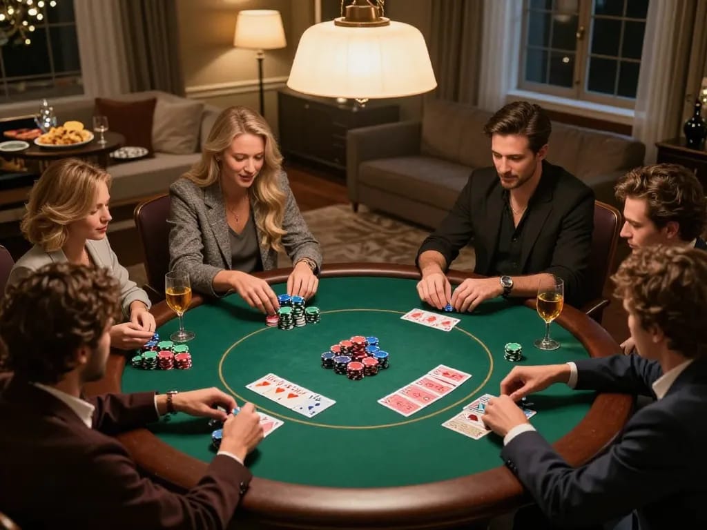 Social poker night at a friend's house featuring the 92slot gaming experience.