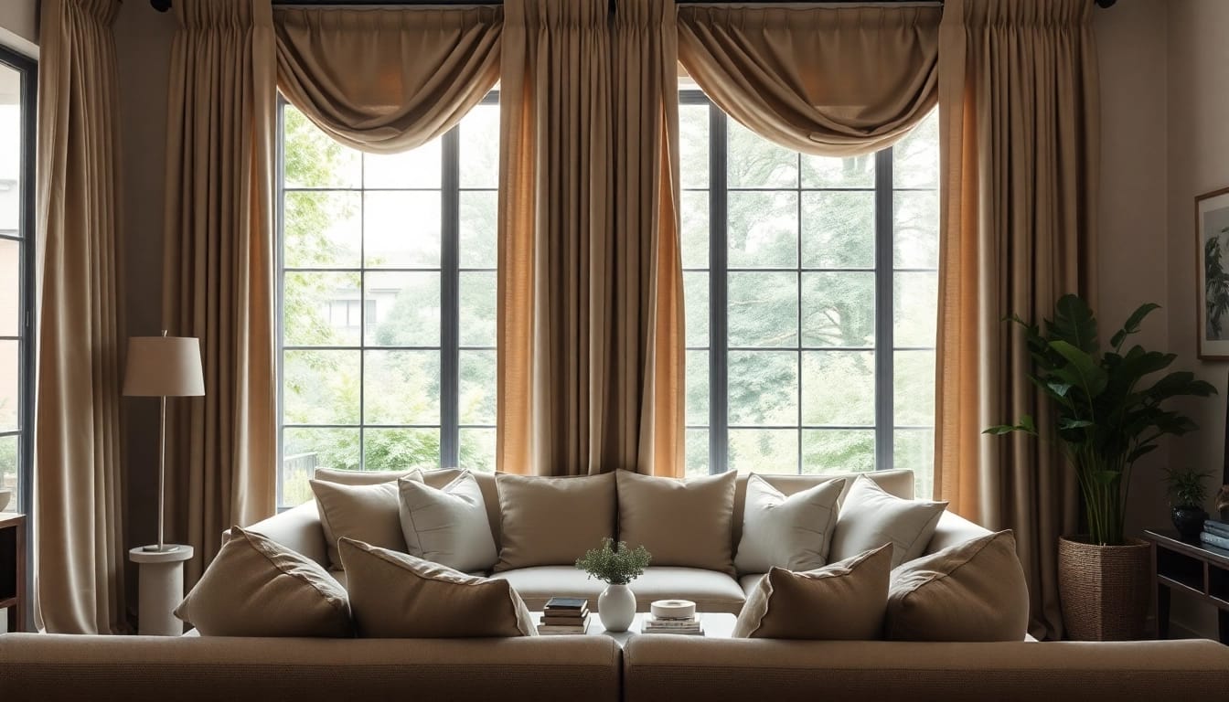 Verduisterende gordijnen in een stijlvolle woonkamer met een uitnodigende sfeer.
