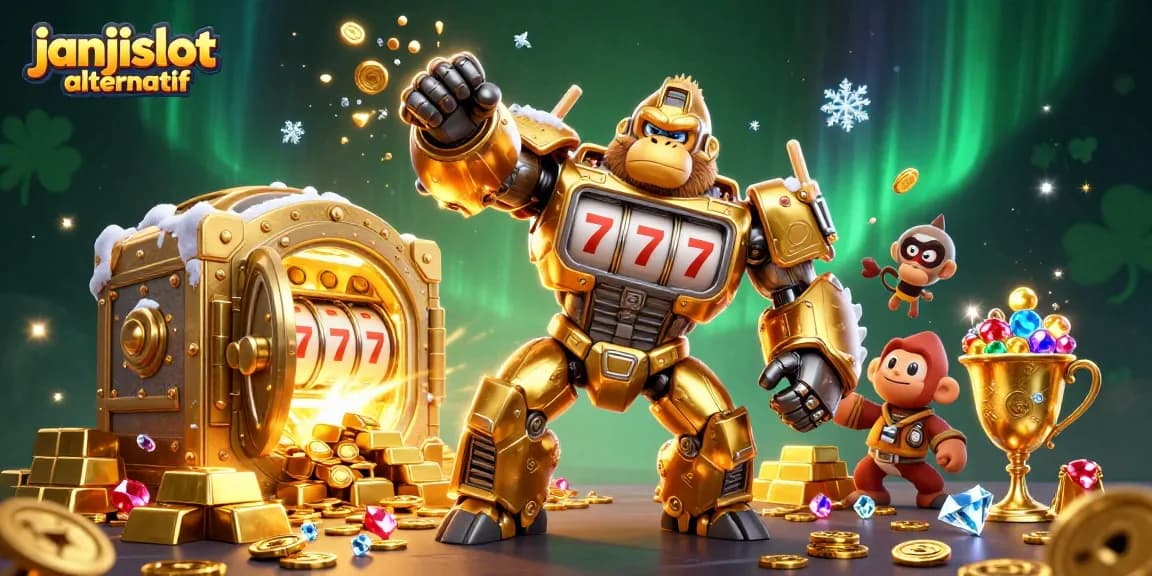 Engage with janjislot alternatif as a golden gorilla mech bursts into action amidst treasure and jackpots.